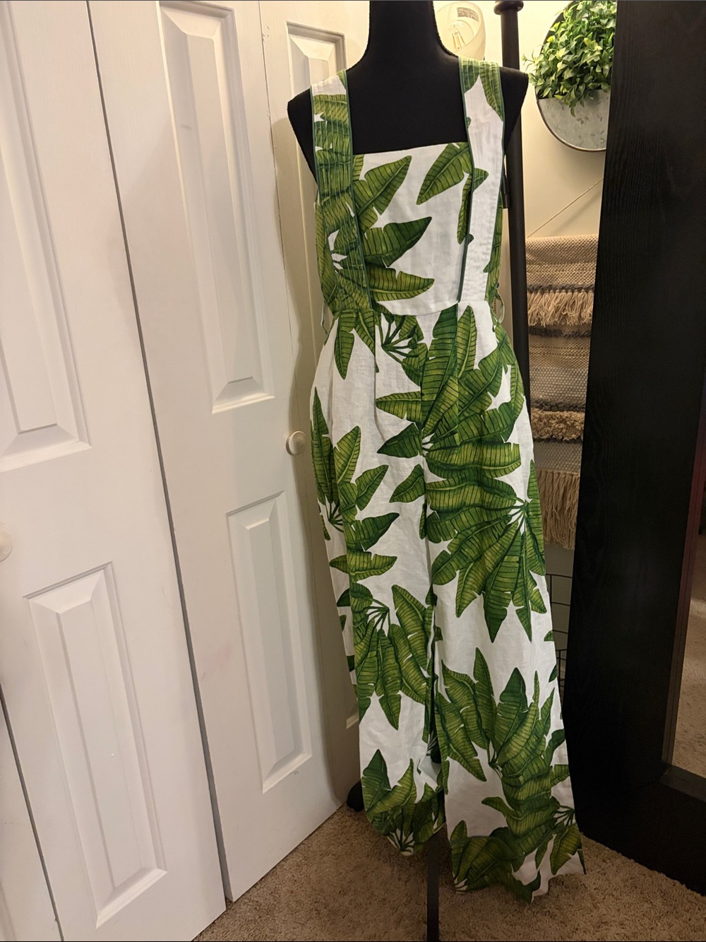 Farm Rio Palm Fan Linen Jumpsuit in Off-White & Green